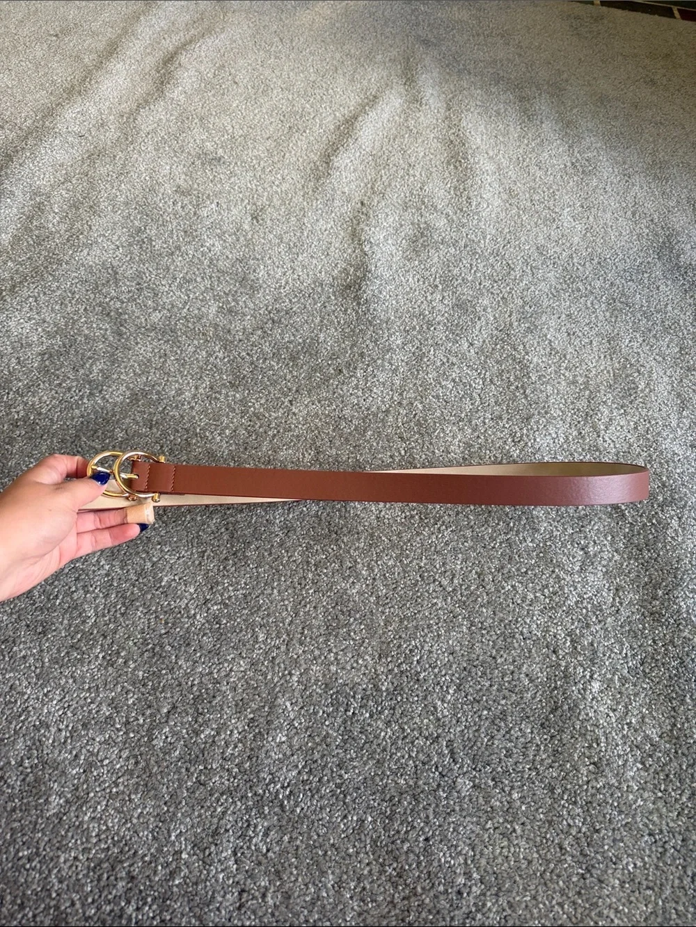 Vince Camuto Slim Brown Leather Belt with Gold Double-Ring Buckle - Picture 1 of 2
